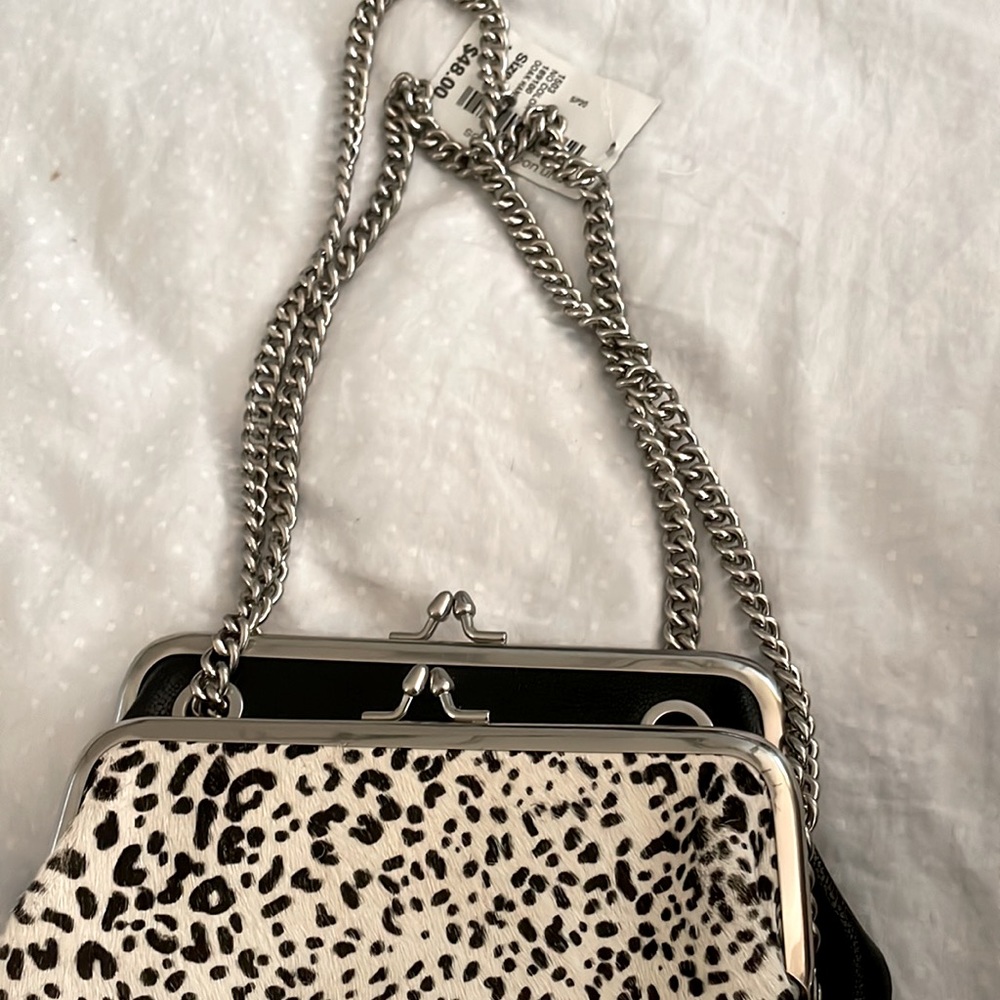 Leopard Print Mini Frame Bag with Chain Strap - Black & White - Picture 5 of 7